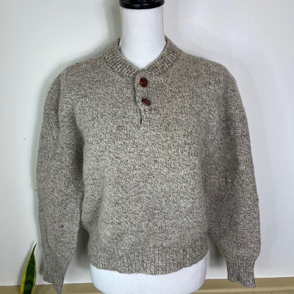VTG American Eagle Sweater Gray Henley Knit Wool 80s 90s Grandpacore USA Made